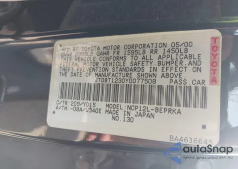 2000 Toyota Echo from USA, damaged, VIN JTDBT1230Y0077508